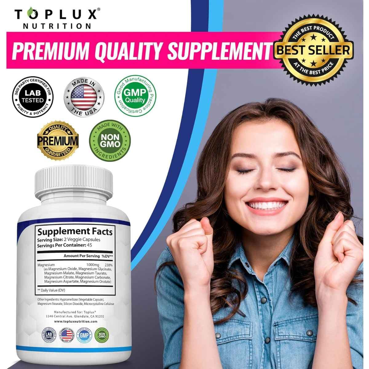 Tabla nutricional del suplemento Toplux Nutrition Complejo de Magnesio 1000 mg 90 cápsulas
