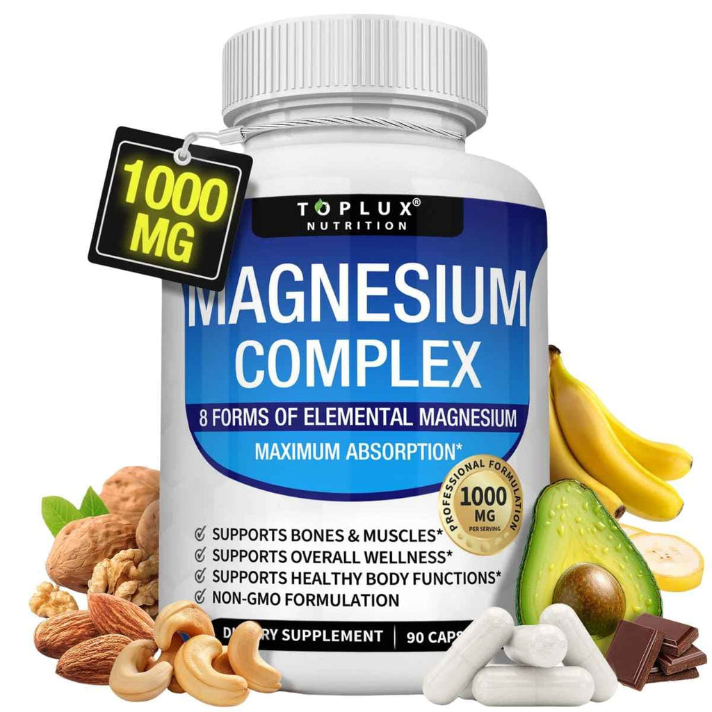 Frasco de suplemento Toplux Nutrition Complejo de Magnesio 1000 mg 90 cápsulas